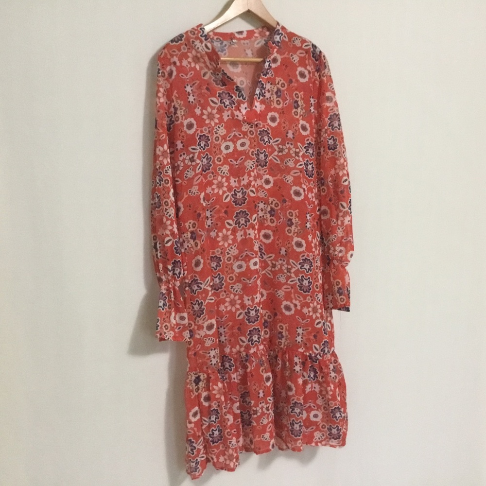 Miss look Red Floral Long Sleeve Sheer Slip On Dress Women’s Size Small